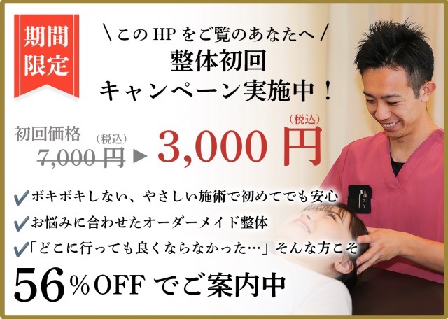 整体初回キャンペーン  初回価格7,000円が3,000円（税込）