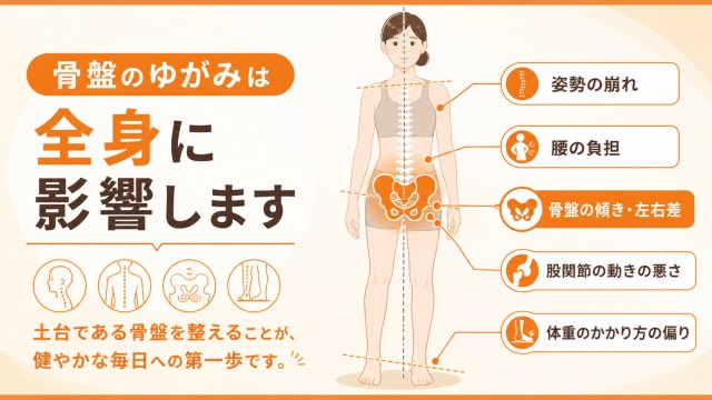 骨盤のゆがみが全身に影響し、姿勢の崩れや腰の負担、股関節の動きの悪さにつながることを示した図解｜はるぞら整体院