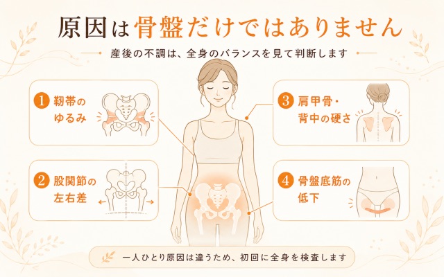 産後骨盤矯正で見るべきポイントとして、骨盤だけでなく股関節・肩甲骨・背中・骨盤底筋など全身のバランスを検査する重要性を説明した図解