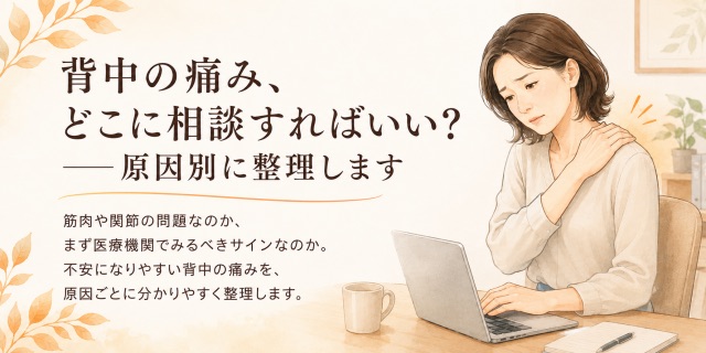 どこにいったらいいかわからない背中の痛みが続き、デスクワーク中に肩から背中を押さえて悩む女性を描いた共感イメージ画像